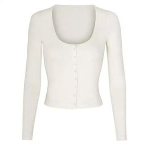 SKIMS Logo Pointelle Button Up Henley Long Sleeve Crop Top cardigan XL off white